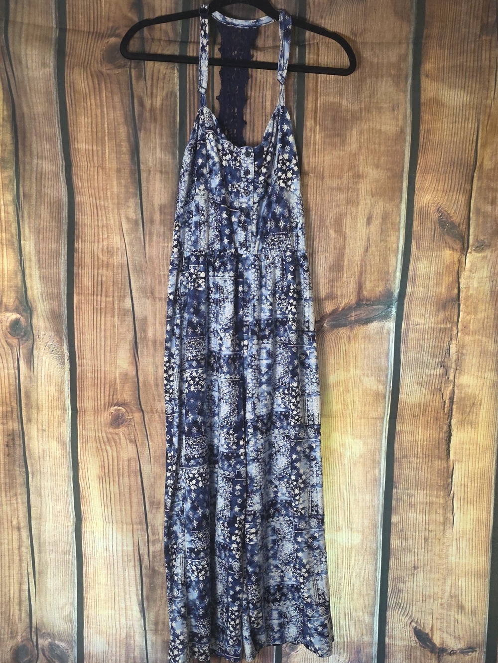 No Boundaries Junior Medium 7-9 Navy Floral Lace-Back Romper